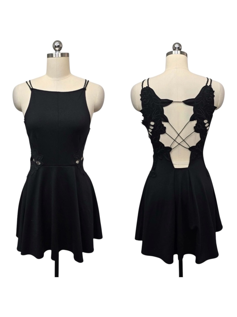 Free People Black Floral Cutout Lace-Up Back Skater Mini Dress M Whimsigoth